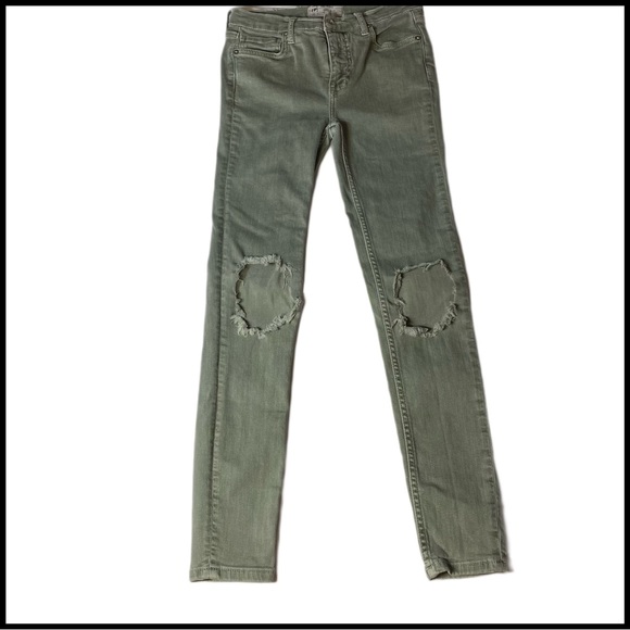 FREE PEOPLE HIGH-WAISTED OLIVE GREEN DISTRESSED SKINNY JEANS - Picture 7 of 12